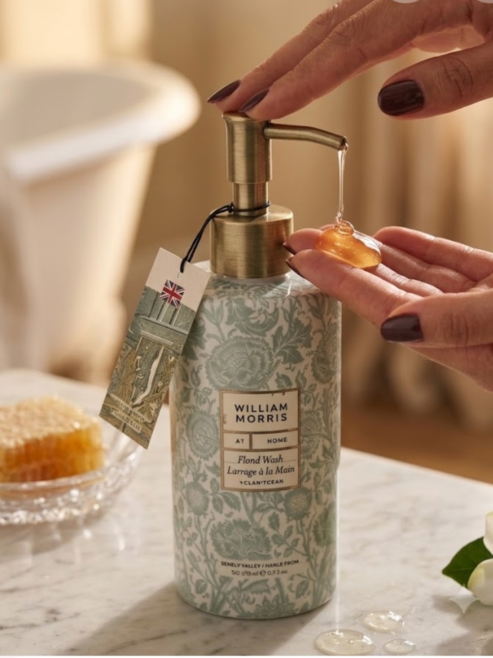 William Morris Gallery Ceramic Soap Dispenser in Pale Blue with Gold Pump